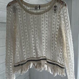 Anthro Cream Crochet Fringe Top